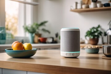 Smart speaker assistant on a kitchen table. Concept of AI technology in everyday life and the future of home automation. Generative Ai.