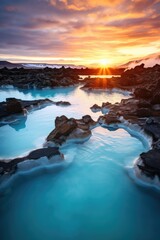 Beautiful landscape and sunset near hot spa in Iceland - obrazy, fototapety, plakaty