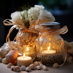 An enchanting seashell candle holder cradles a glass jar brimming with sand and shells, enclosing a glowing candle.