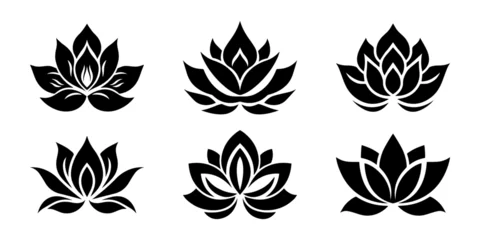 Fotobehang Lotus flower logo. Set of black lotus logo. Vector illustrations isolated on white background. Can be used as icon, sign or symbol - for yoga and meditation, for spa salon. Lotus silhouette. © LENNAMATS