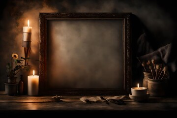 A moody representation of a Canvas Frame for a mockup in an old styled bathroom, capturing the serene ambience created by soft candlelight and vintage aromatics