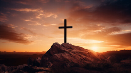Fiery sunset behind a rugged cross on a hill, Holy cross background, blurred background, with copy space