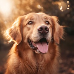 Obraz premium Portrait of a beautiful Golden Retriever dog with sunlight from the background, making him appear golden