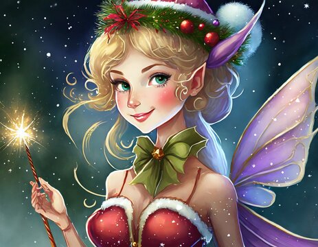 cute Christmas pixie or fairy with magic wand