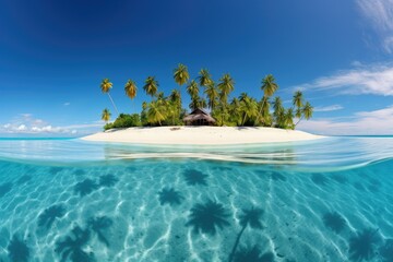 Tropical island with palm trees atoll in the ocean, Tropical island in Maldives at summer time. Panorama, AI Generated