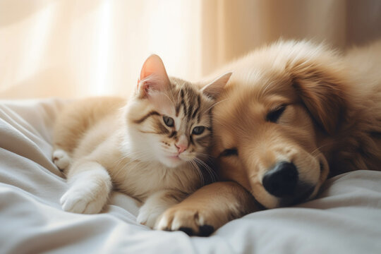 Golden retriever dog and tabby cat sleeping together on bed at home. Friendship and love.