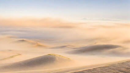 Fototapeta na wymiar A blanket of fog settling over a sea of sand dunes. Generative AI