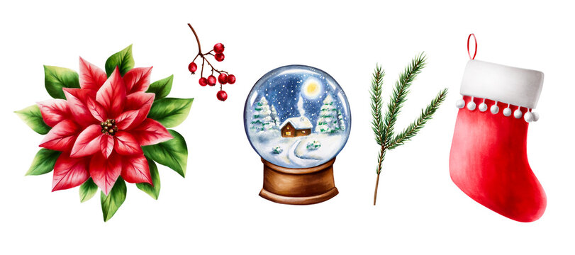 Watercolor set of christmas poinsettia holly berry, glass snowball globe on wooden stand, stocking for presents and pine branch. New year botanical december symbol illustration isolated on white
