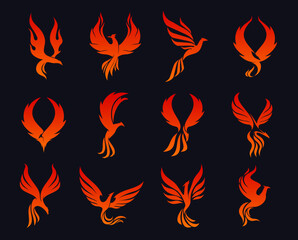 Phoenix bird icons, eagle fire silhouette flying on flame wings, vector emblems. Heraldic symbols or phoenix mascot tattoo, firebird falcon with flame feathers for luxury labels or corporate emblem