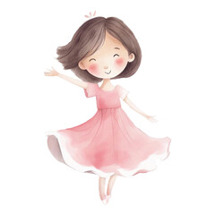 Little Pink Princess, Cute Hand Painted Style, Childish Watercolor Drawing, Fairy Tale Fantasy, Dancing little Girl, Generative AI	 - obrazy, fototapety, plakaty