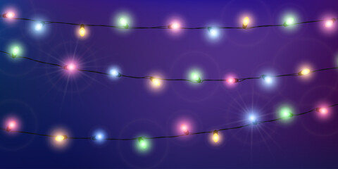Fototapeta na wymiar Color Christmas lights. String with glowing light bulbs
