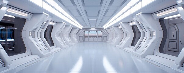 Sci Fi hi tech futuristic interior of space ship corridor. Generated AI