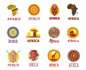 Africa icons, African travel, tourism landmarks and culture vector symbols. Africa traditional ornament, savanna baobab and ethnic tribal mask, giraffe and elephant on African safari, icons and signs - obrazy, fototapety, plakaty