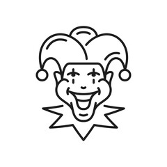 Joker face casino line icon, medieval jester in hat with bells. Vector funny clown, comic circus character, fool or blackjack personage