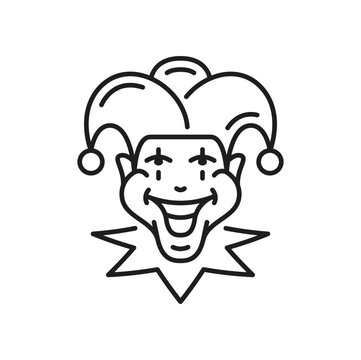 Joker face casino line icon, medieval jester in hat with bells. Vector funny clown, comic circus character, fool or blackjack personage