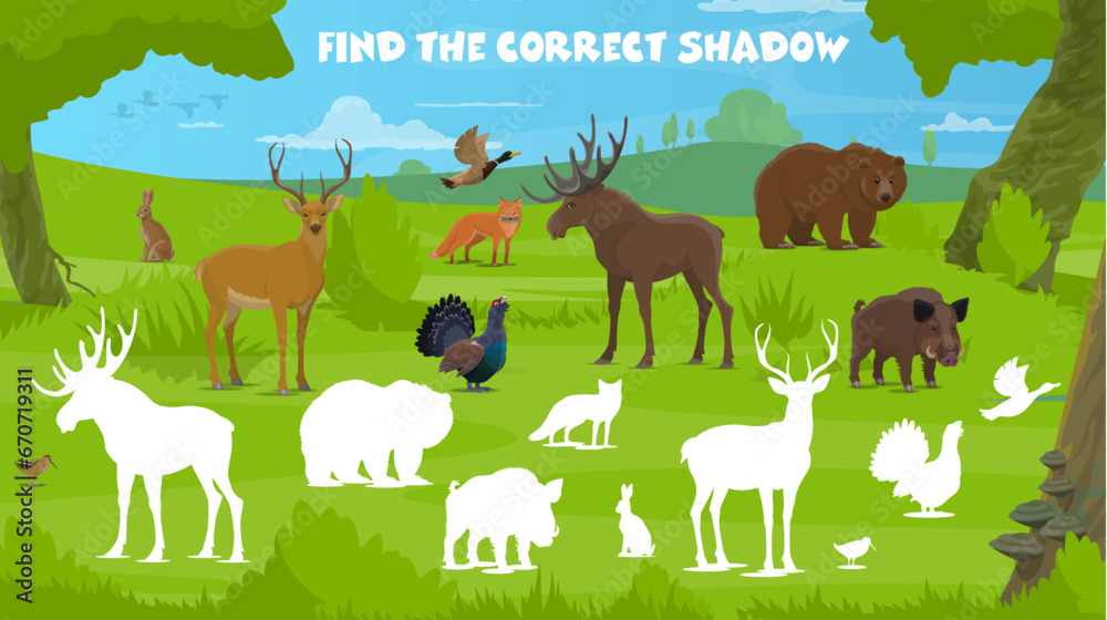 Poster find correct shadow of forest hunting animals, vector kids quiz worksheet. wild bear, fox and ducks 