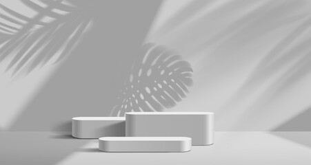 Empty grey podium mockup, vector product display stand, pedestal or platform. Realistic 3d showcase podium, studio stage or scene with monstera and areca palm leaves shadow background