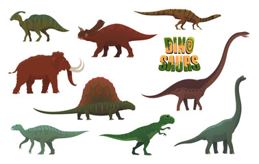Cartoon dinosaurs, prehistoric animals characters. Paleontology dinosaur vector cute personage. Parasaurolophus, Brachiosaurus, Iguanodon and Centrosaurus, Dimetrodon, Plateosaurus funny mascots