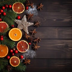 Fototapeta na wymiar Christmas card. Spices, orange slices, Christmas tree and berries, stars, fake snow on wooden background. View from above, AI generator