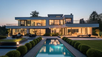 Fototapeten grande villa d'architecte moderne et luxueuse avec piscine et jardin paysager le soir avec illumination intérieure © Sébastien Jouve
