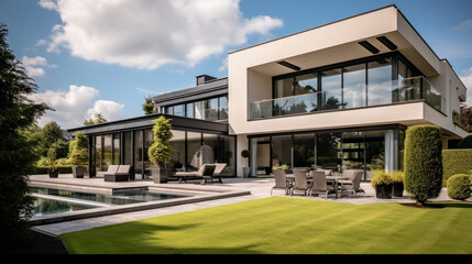 grande villa d'architecte moderne et luxueuse avec piscine et jardin paysager par beau temps - obrazy, fototapety, plakaty