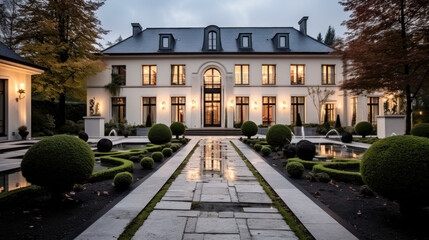 grande maison luxueuse avec piscine et jardin paysager le soir avec illumination intérieure