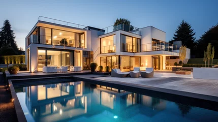 Fototapeten grande villa d'architecte moderne et luxueuse avec piscine et jardin paysager le soir avec illumination intérieure © Sébastien Jouve