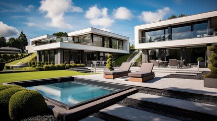 grande villa d'architecte moderne et luxueuse avec piscine et jardin paysager par beau temps