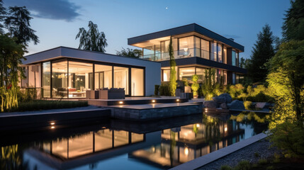 Fototapeta premium grande villa d'architecte moderne et luxueuse avec piscine et jardin paysager le soir avec illumination intérieure