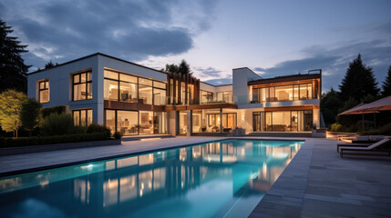 Fototapeta na wymiar grande villa d'architecte moderne et luxueuse avec piscine et jardin paysager le soir avec illumination intérieure