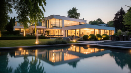 Fototapeta na wymiar grande villa d'architecte moderne et luxueuse avec piscine et jardin paysager le soir avec illumination intérieure