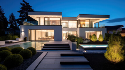 grande villa d'architecte moderne et luxueuse avec piscine et jardin paysager le soir avec illumination intérieure