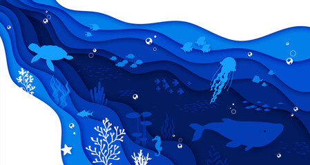 Sea paper cut landscape with water waves and animal silhouettes. 3d vector underwater world background with a diverse range of marine creatures, whale, turtle, fishes or jellyfishes in papercut style