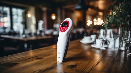 A medical-grade infrared thermometer displayed on a table. - obrazy, fototapety, plakaty