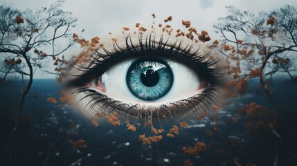an artistic concept of a blue eye surrounded by trees and leaves as eyelids - obrazy, fototapety, plakaty