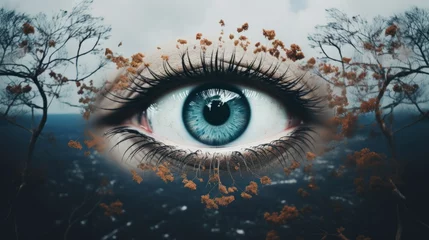 Foto op Aluminium an artistic concept of a blue eye surrounded by trees and leaves as eyelids © Hannes