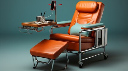 A phlebotomy chair with armrests and a tray for equipment.