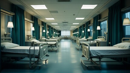 A row of empty patient beds in a hospital ward.