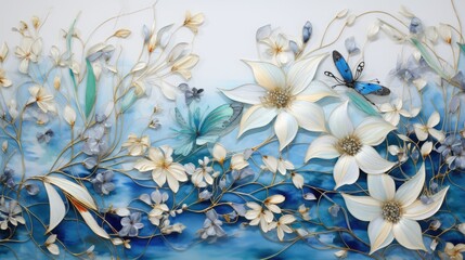  a painting of white flowers and butterflies on a blue and white background with a butterfly on top of the flowers.  generative ai