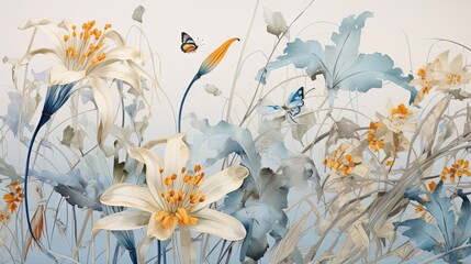  a painting of a bunch of flowers with a butterfly flying over them on a white wall with blue and yellow accents.  generative ai