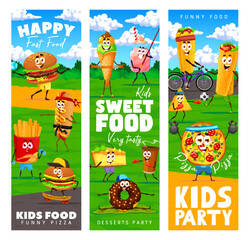 Cartoon cheerful fastfood characters on sport vacation. Kids party vector banners with pizza, french fries, hamburger and ice cream, smoothie, cake fastfood meal funny personage doing sports on meadow