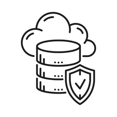 Database server protection, cloud storage icon. Data backup server service, protected web storage or cloud computing datacenter outline vector icon. Cloud computing platform line pictogram or sign
