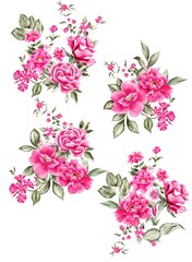 Obraz na płótnie Canvas Watercolor Bouquet of flowers, isolated, white background, pink roses and green leaves