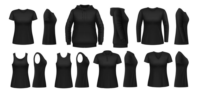 Black woman shirt, hoodie and polo mockups, vector female sport and uniform clothes. Realistic 3d women sleeveless top tank, long sleeve t-shirt, sweatshirt, hoodie and polo, front and side view