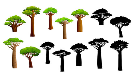 African baobab trees and silhouettes. Isolated vector set of majestic and ancient plants, stand tall with their iconic swollen trunks and spreading branches, symbolizing resilience in arid landscapes - obrazy, fototapety, plakaty