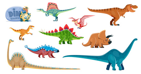 Comical dinosaurs cartoon personages. Spinosaurus, Tyrannosaur, Velociraptor and Stegosaurus, Triceratops, Diplodocus, Brontosaurus and Pterodactyl, Ankylosaurus dinosaurs vector comical characters © Vector Tradition