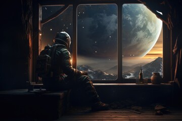 Fototapeta premium Lonely futuristic astronaut looking from the window in a planet