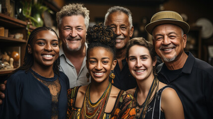 A family reunion photograph featuring multiple generations and ethnicities - obrazy, fototapety, plakaty