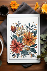 Digital tablet device on wooden table with flowers and coffee mug