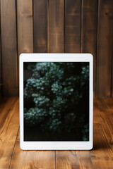 Digital tablet device on wooden table on wooden background